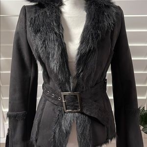2B BEBE Black Faux Shearing Fur Jacket with Belt